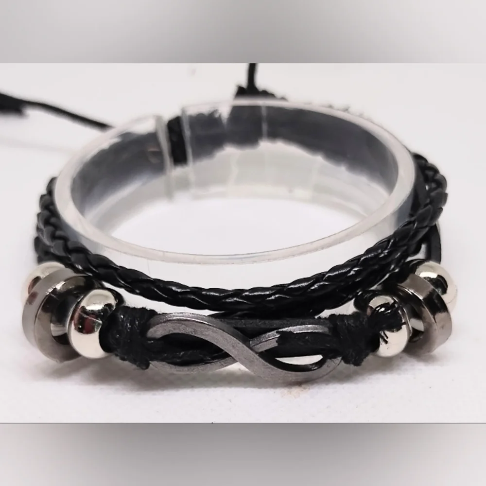Men's Bracelet Leather Infinity Braided Layered Black New‎ f42